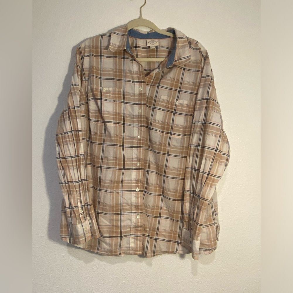 St. John's Bay Beige and Blue Plaid Button-Up Shirt